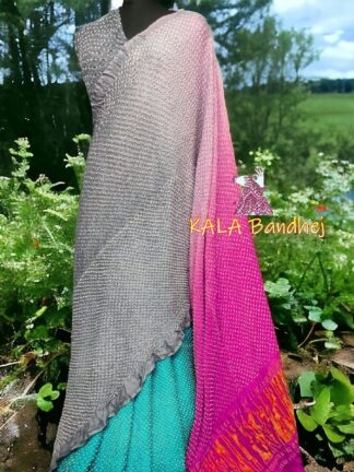Pink Aqua Sliver Bandhani Bhrti Saree Pure Gaji Silk