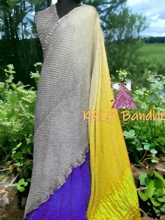 Yellow Purple Sliver Bandhani Bhrti Saree Pure Gaji Silk