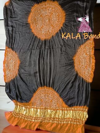Black Orange Brighten Ras Mandal Bandhani Dupatta Pure Gaji Silk