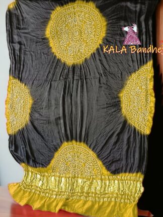 Yellow Black Ras Mandal Bandhani Dupatta Pure Gaji Silk