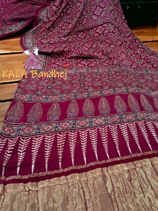 Maron Ajrak Saree Pure Modal Silk Hand Block Natural Gold Boder