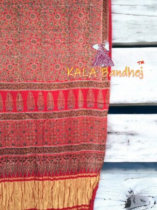Red Ajrak Saree Pure Modal Silk Hand Block Natural Gold Boder