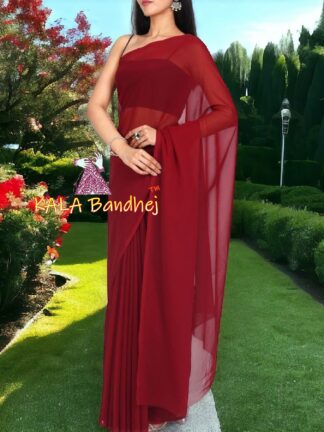 Burning Red Plain Saree Georgette Silk With ModalSilk Blouse