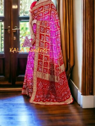 Red Fascia Pink Gharchola Saree Pure Gaji Silk Naksi Zari