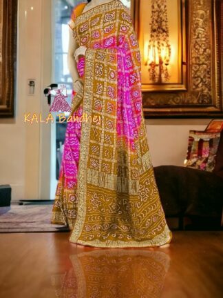 Gold Rust Fascia Pink Gharchola Saree Pure Gaji Silk Naksi Zari