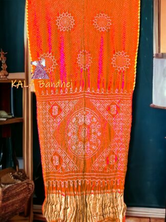 Orange Bandhani Suraj Mukhi Saree Pure Gaji Silk