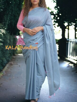 Silver Grey Plain Saree Pure Cotton