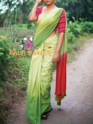 Parrot Green Red Plain Ombre Saree Pure Cotton