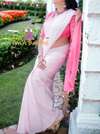 Pastel Pink White Panetar Plain Saree Pure Cotton