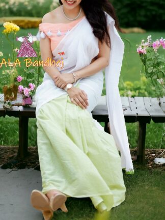 Pastel Mahendi White Panetar Plain Saree Pure Cotton
