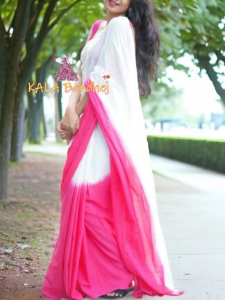 Rani Pink White Panetar Plain Saree Pure Cotton