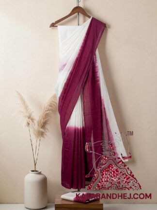 Magenta White Panetar Plain Saree Pure Cotton