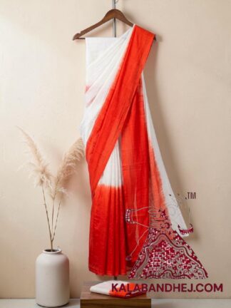 Orange White Panetar Plain Saree Pure Cotton