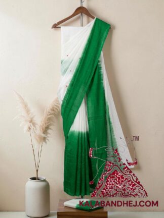 Green White Panetar Plain Saree Pure Cotton