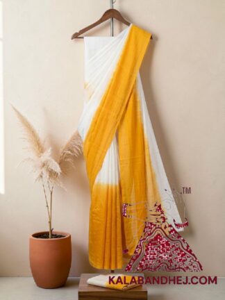Mango Yellow White Panetar Plain Saree Pure Cotton
