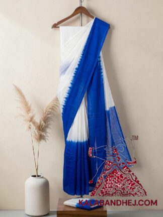 Bluee White Panetar Plain Saree Pure Cotton