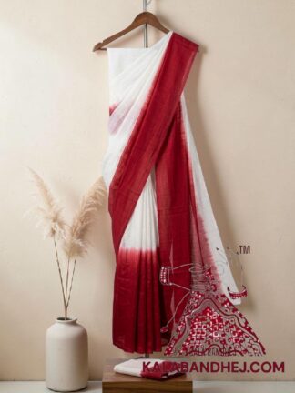 Blood Red White Panetar Plain Saree Pure Cotton