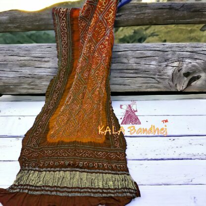 Wood Orange Rust BavanBarg Bandhani Dupatta Pure Gaji Silk