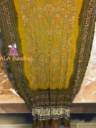 Olive Mustered gold BavanBarg Bandhani Dupatta Pure Gaji Silk