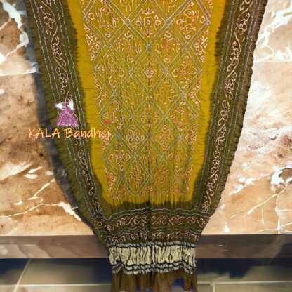 Olive Mustered gold BavanBarg Bandhani Dupatta Pure Gaji Silk