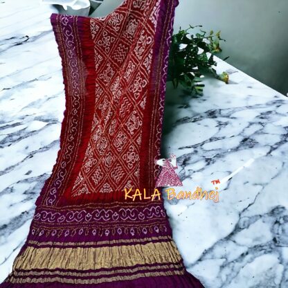 Dark Magenta Brown BavanBarg Bandhani Dupatta Pure Gaji Silk - Image 2