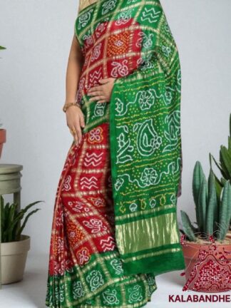 Green Red Rai Bandhani Saree Pure GajiSilk