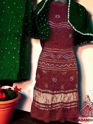 Marron Green Bandhani Chandrakhani Dress Material Pure Gaji Silk
