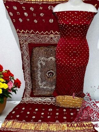 Blood Red Mustered Bandhani Chandrakhani Dress Material Pure Modal Silk