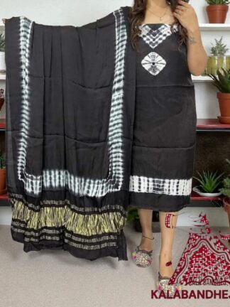 Black Shibori Dress Material Pure Modal Silk