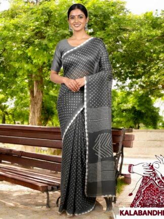 Grey Pure Cotton Bandhani Saree