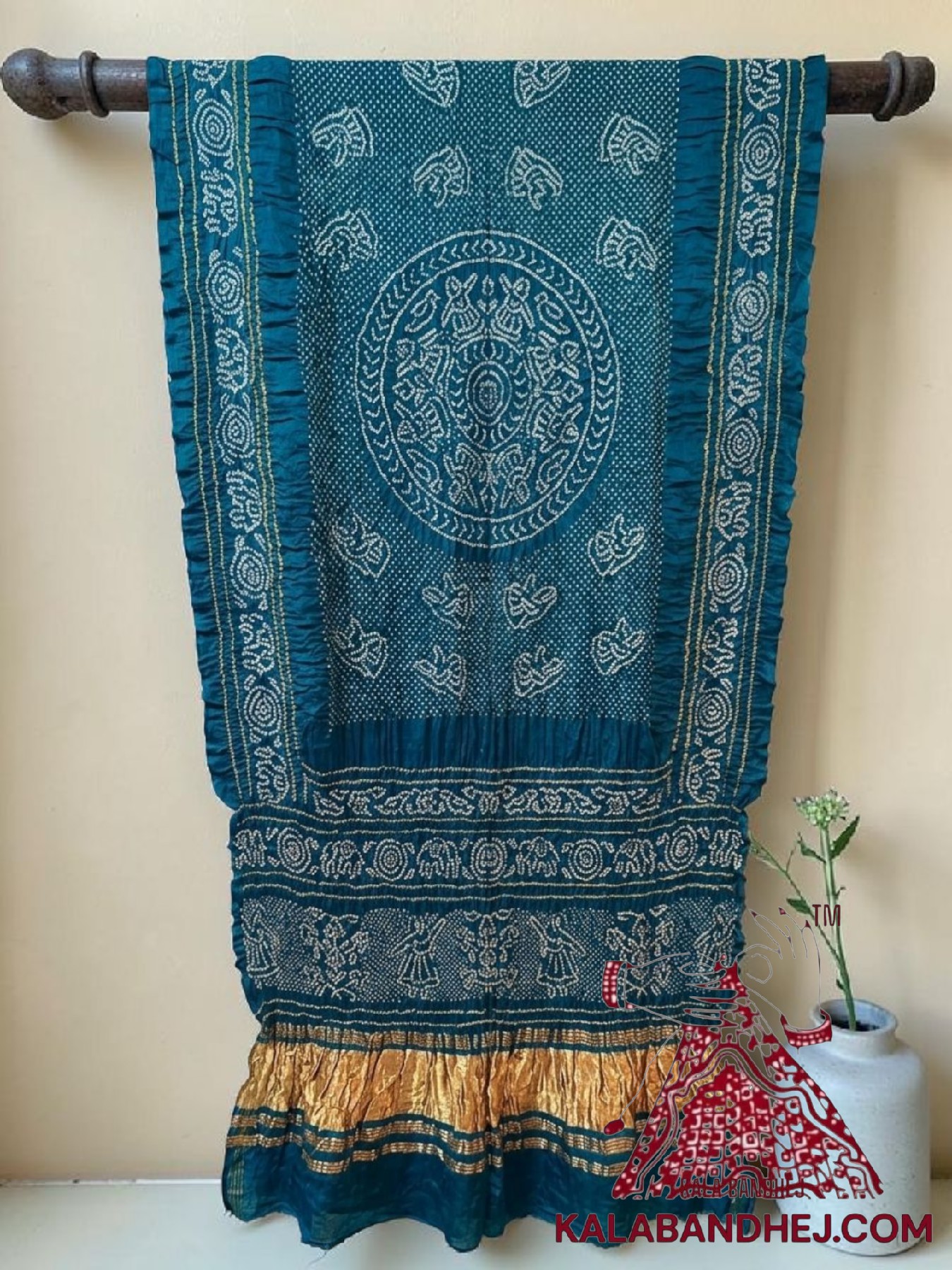 Peacock Blue Ras Mandal Bandhani Dupatta with Traditional Animal & Figurine Motifs