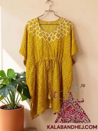Mastured Yellow Crush Bandhani Makdi Kaftan Pure Modal Silk
