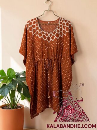 Rust Crush Bandhani Makdi Kaftan Pure Modal Silk
