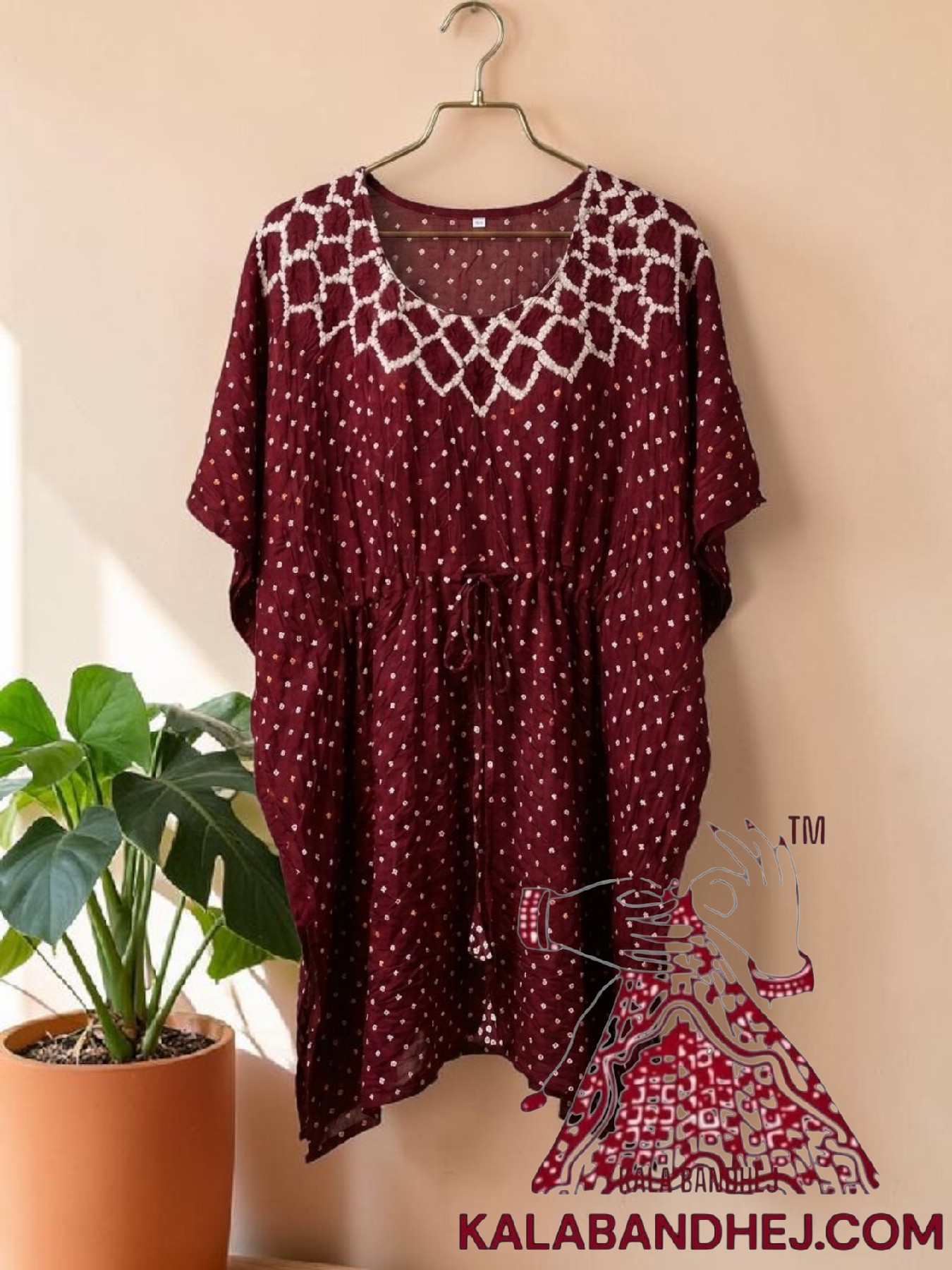 Marron Crush Bandhani Makdi Kaftan Pure Modal Silk
