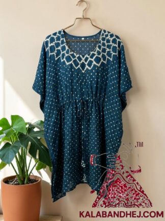 Peacock Blue Crush Bandhani Makdi Kaftan Pure Modal Silk