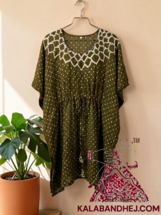 Olive Crush Bandhani Makdi Kaftan Pure Modal Silk