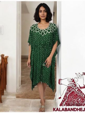 Green Crush Bandhani Makdi Kaftan Pure Modal Silk