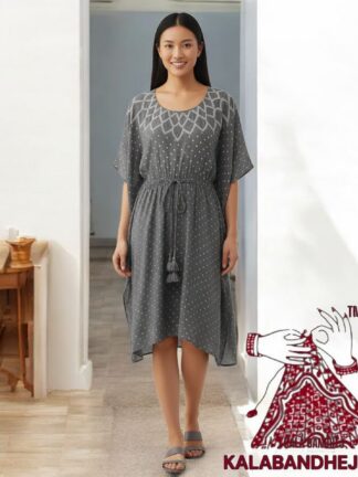 Grey Crush Bandhani Makdi Kaftan Pure Modal Silk