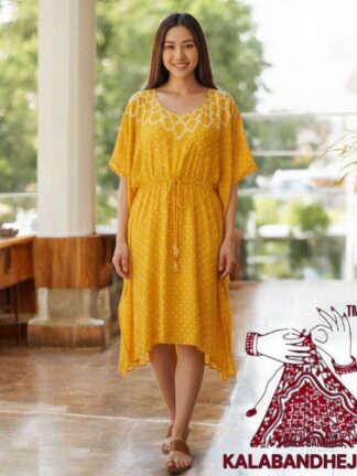 Yellow Crush Bandhani Makdi Kaftan Pure Modal Silk