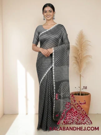 Grey Pure Cotton Bandhani Saree