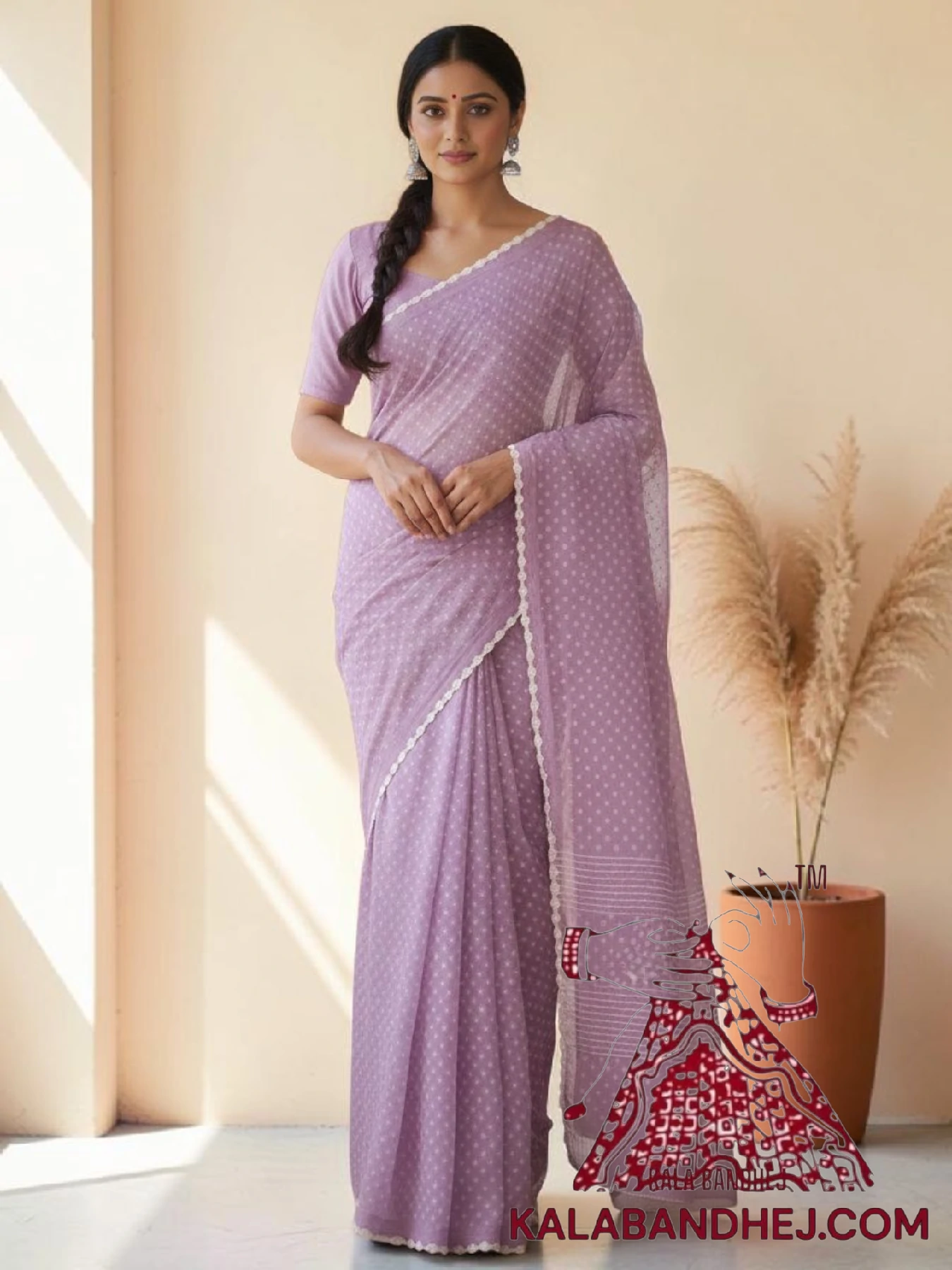 Lavender Pure Cotton Bandhani Saree