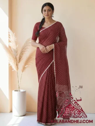 Marron Pure Cotton Bandhani Saree