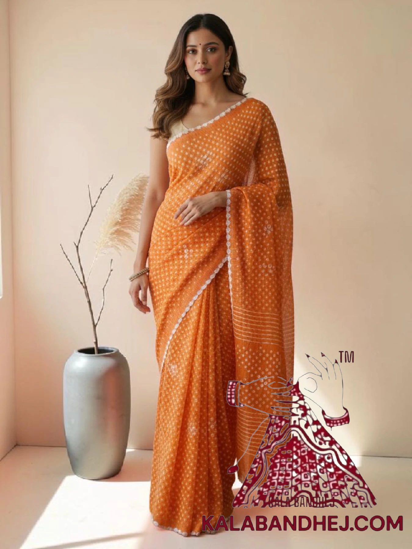 Orange Pure Cotton Bandhani Saree