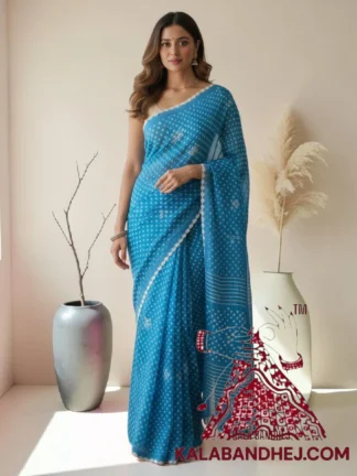 Sky Blue Pure Cotton Bandhani Saree