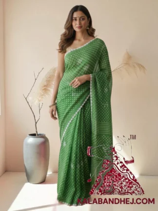 Green Pure Cotton Bandhani Saree