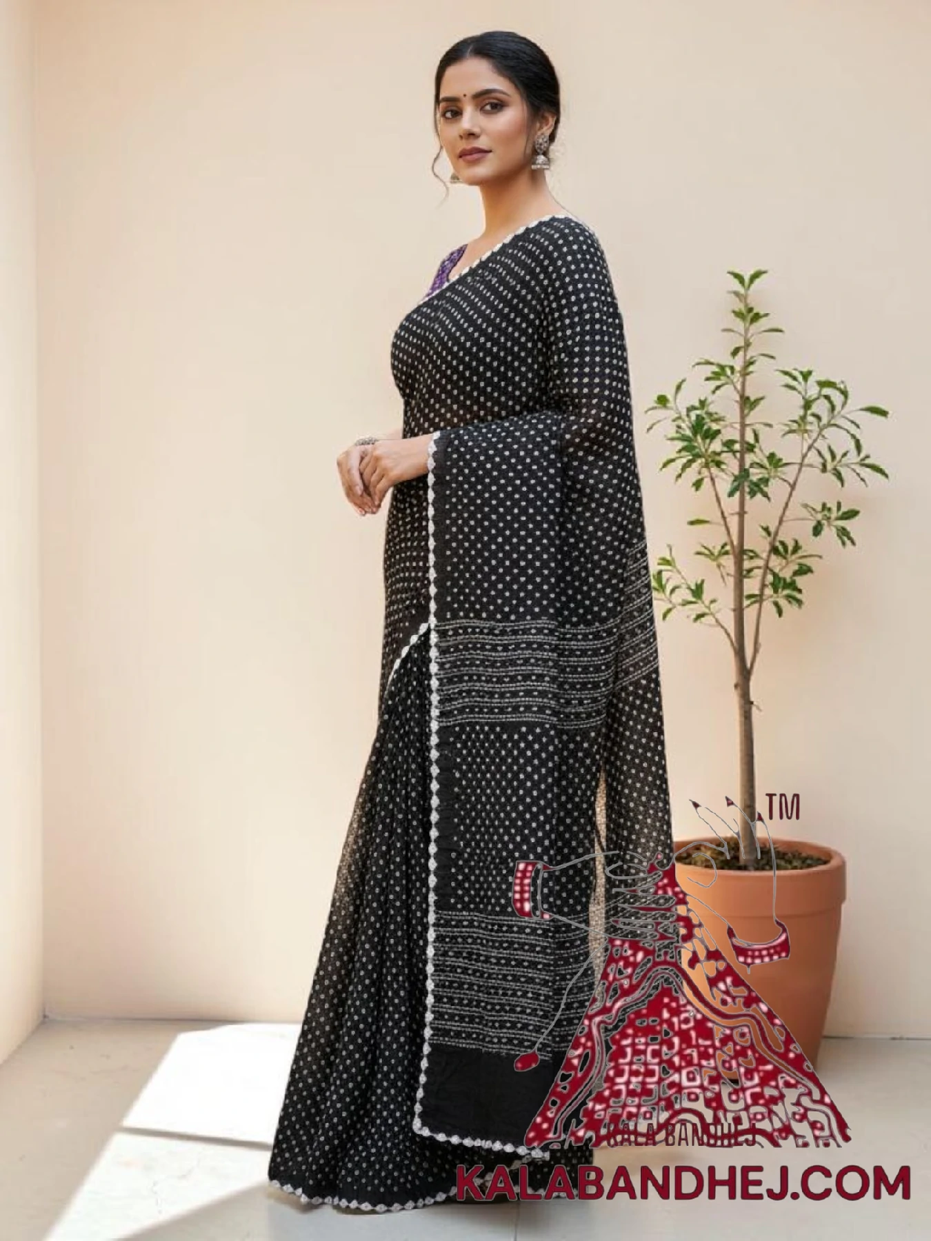 Black Pure Cotton Bandhani Saree