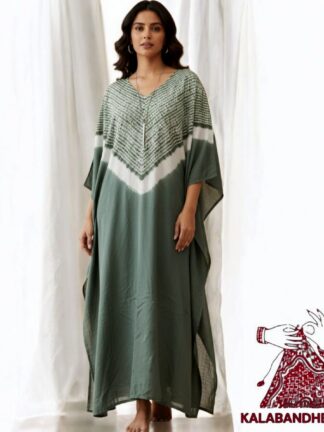 Olive Green Shibori Neck Kaftan Pure Modal Silk