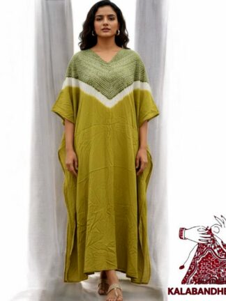 Mehendi Shibori Neck Kaftan Pure Modal Silk