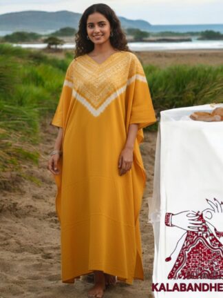 Yellow Shibori Neck Kaftan Pure Modal Silk