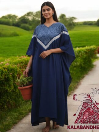 Dark Blue Shibori Neck Kaftan Pure Modal Silk